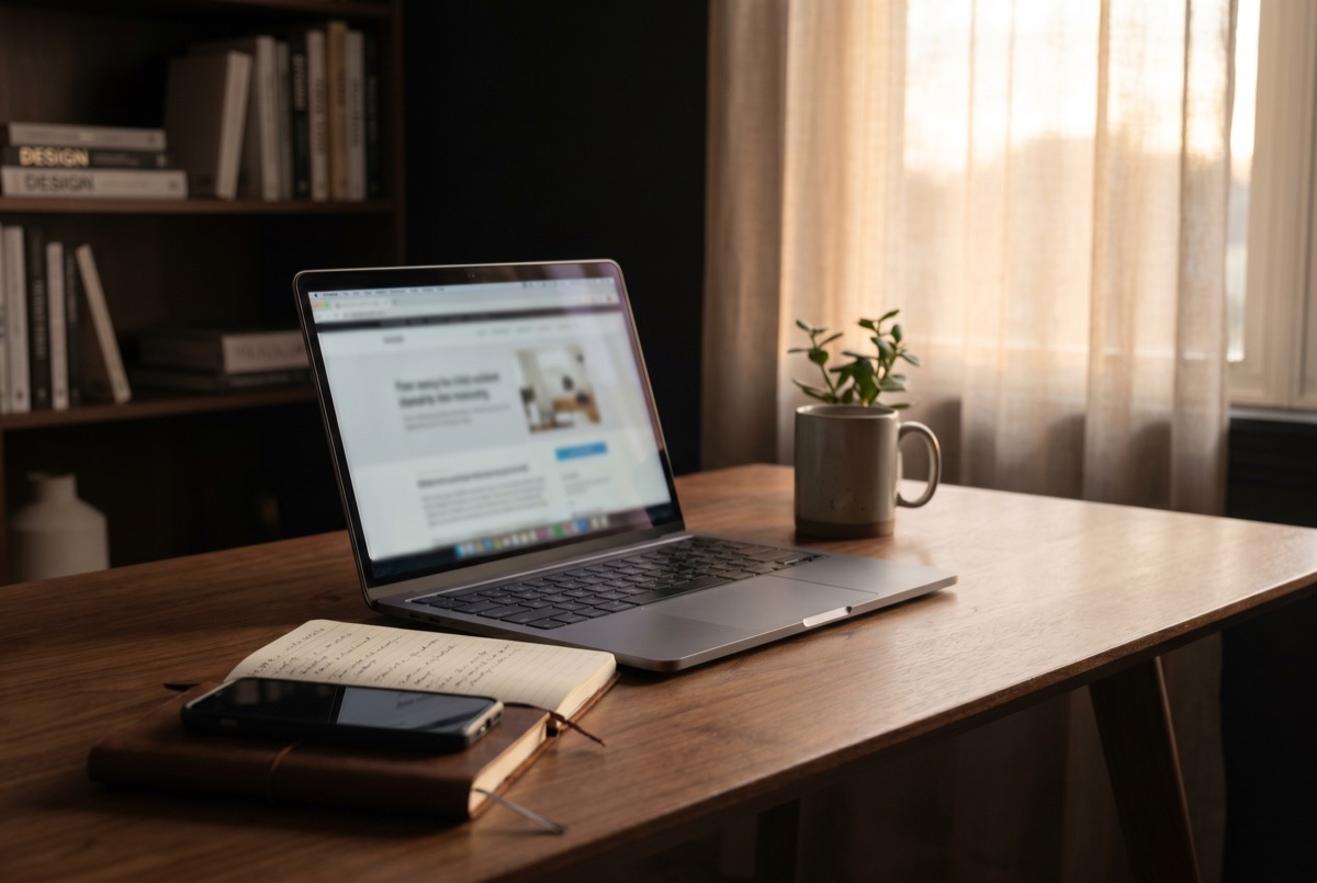 Ruhiger Arbeitsplatz mit Laptop und Notizbuch