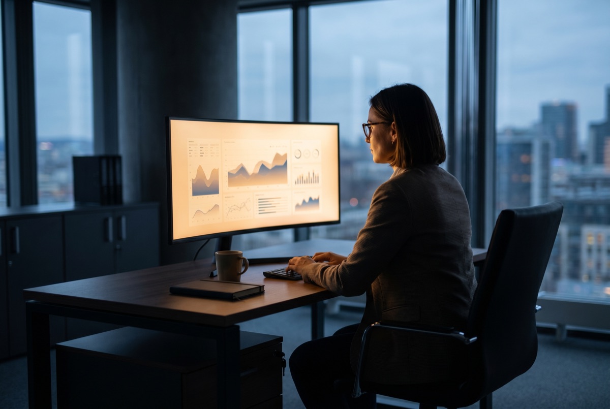 Person prüft ein Auswertungs-Dashboard auf einem großen Monitor