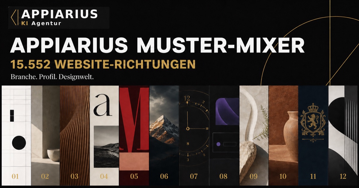 Appiarius KI-Agentur Muster-Mixer mit zwölf unterschiedlichen Website-Richtungen